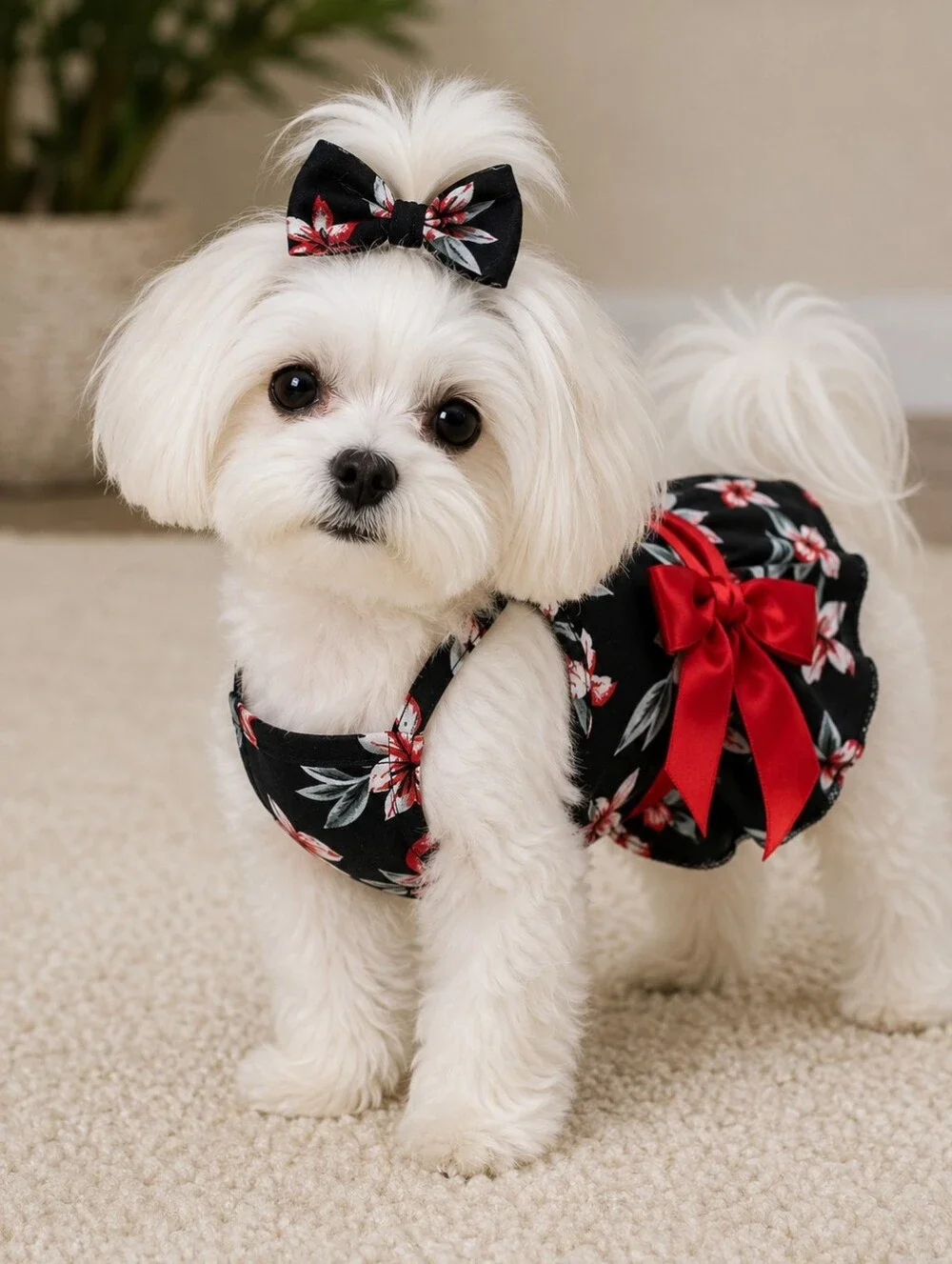 Floral Halter Dog Dress with Emerald Satin Bow